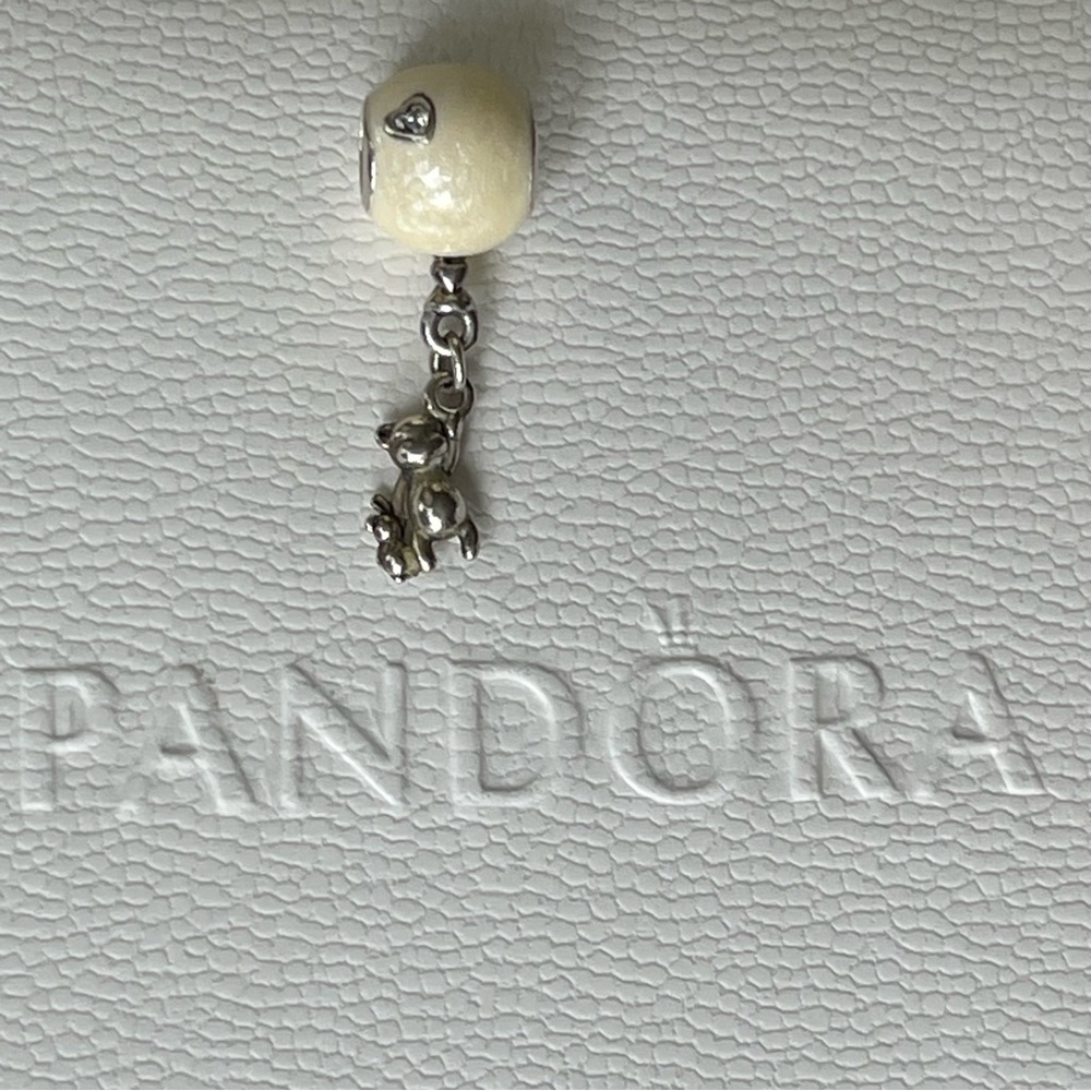 Authentic Pandora |Cream Enamel Balloon Teddy Bear Rabbit Dangle Clear CZ Charm